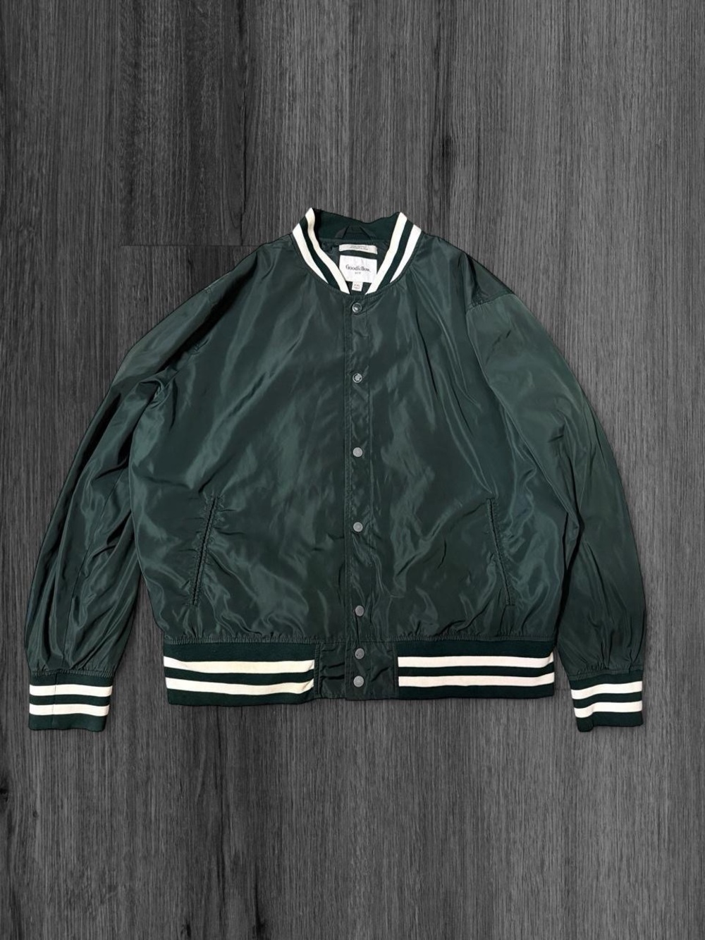 Goodfellow & Co Dark Green Bomber Jacket with White Stripe Trim